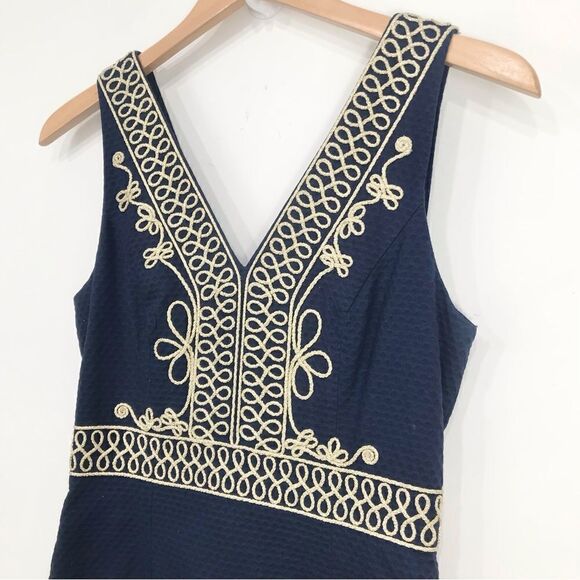 Lilly Pulitzer Aveline Navy Blue Metallic Gold Trim Sleeveless Shift Dress - Picture 3 of 14